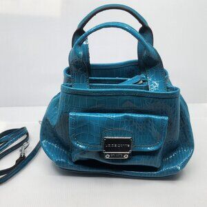 Liz Claiborne Turquoise Croc Embossed Satchel Crossbody Bag Glossy Patent Finish